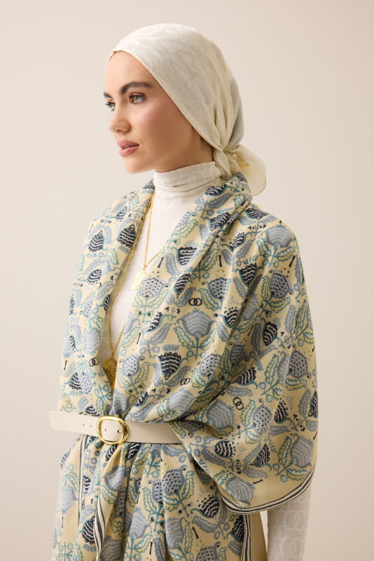 Ters Lale Krem-Gri Yün Şal 70x200 - 5
