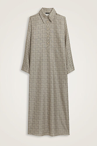 Textured Faith Square Beige Buttoned Twill Silk Shirt Dress - 1