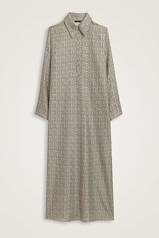 Textured Faith Square Beige Buttoned Twill Silk Shirt Dress - 1