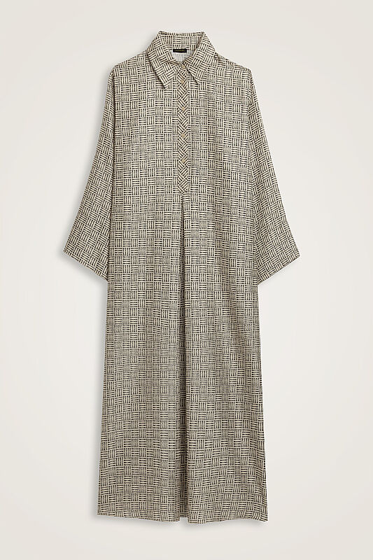 Textured Faith Square Beige Pleated Buttoned Shirt Dress - 1