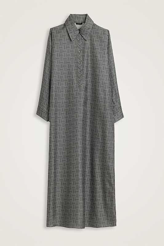 Textured Faith Square Grey Patterned Twill Silk Shirt Dress - 1