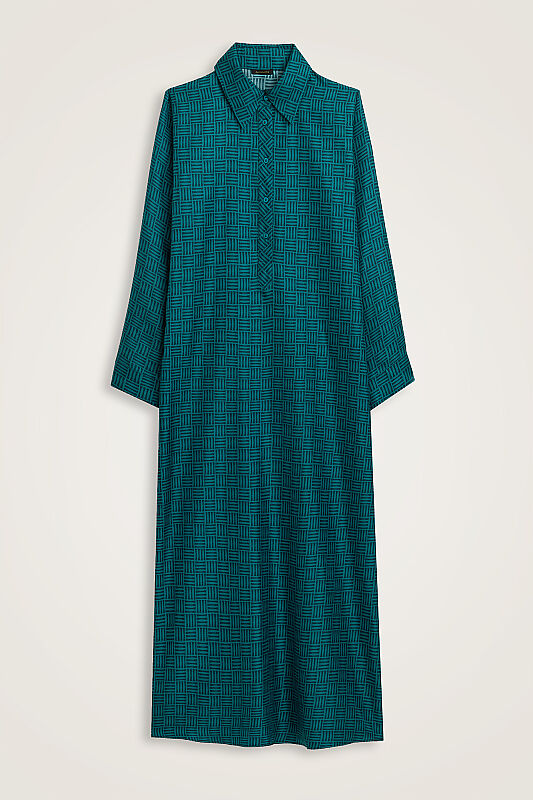 Textured Faith Square Petrol Patilla Twill Silk Shirt Dress - 1