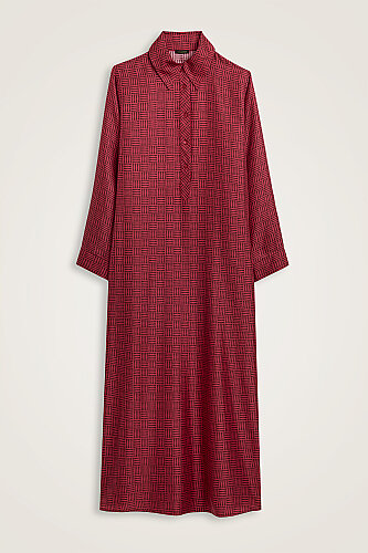 Textured Faith Square Red Patterned Twill Silk Shirt Dress 