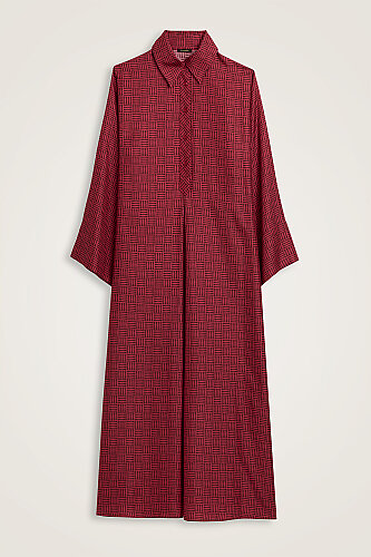 Textured Faith Square Red Pleated Button-Down Shirt Dress 