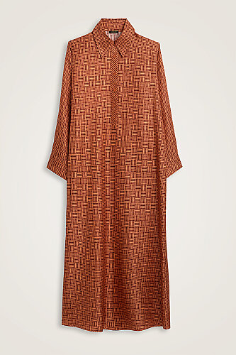 Textured Faith Square Tan Buttonhole Twill Silk Shirt Dress 
