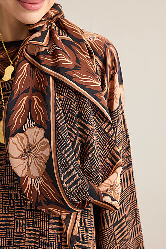 Textured Stone Wall with Floral Border Copper Crepe Silk Scarf - 5