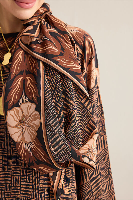 Textured Stone Wall with Floral Border Copper Crepe Silk Scarf - 5