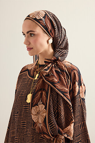 Textured Stone Wall with Floral Border Copper Crepe Silk Scarf - 6