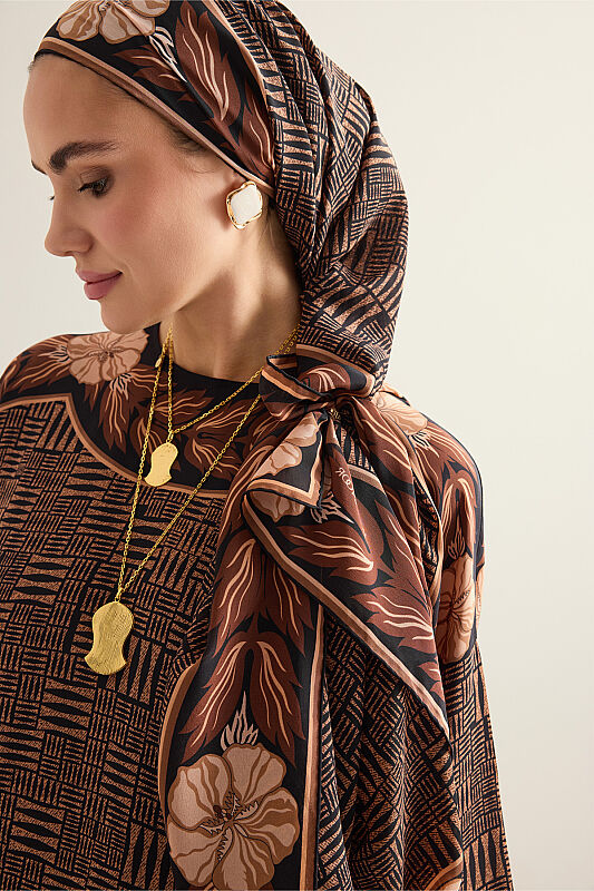 Textured Stone Wall with Floral Border Copper Crepe Silk Scarf - 3