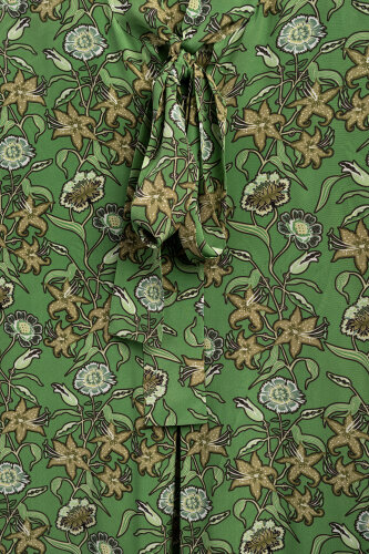 Tiger Blossom Green Neckline Twill Silk Dress - 4