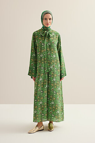 Tiger Blossom Green Neckline Twill Silk Dress - 5