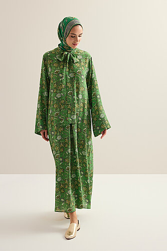 Tiger Blossom Green Neckline Twill Silk Dress - 1