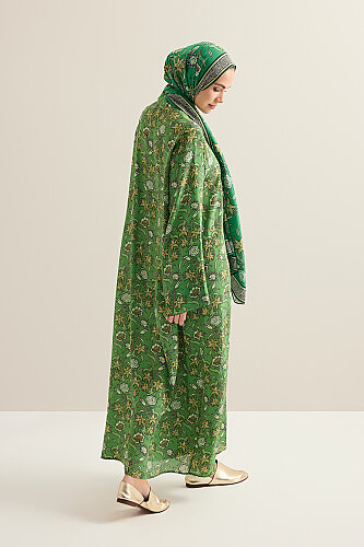 Tiger Blossom Green Neckline Twill Silk Dress - 7