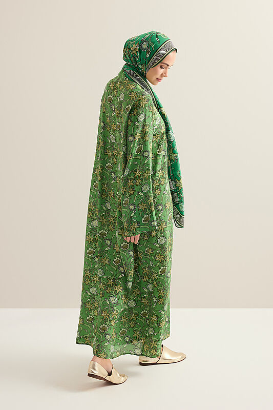 Tiger Blossom Green Neckline Twill Silk Dress - 7