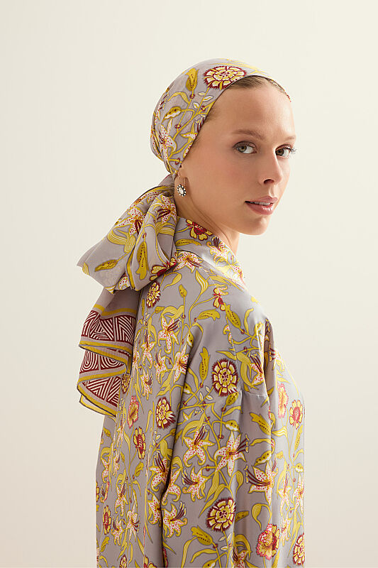 Tiger Blossom Grey Crepe Silk Shirt Shawl 70x210 - 3