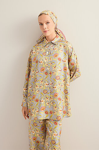 Tiger Blossom Grey Twill Silk Shirt 