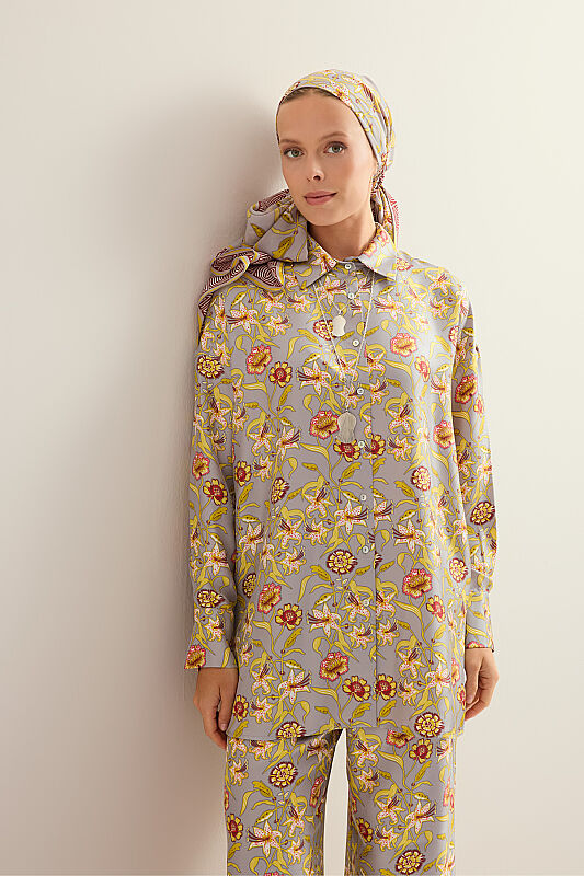 Tiger Blossom Grey Twill Silk Shirt - 7