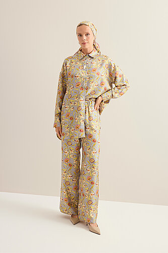 Tiger Blossom Grey Twill Silk Trousers 