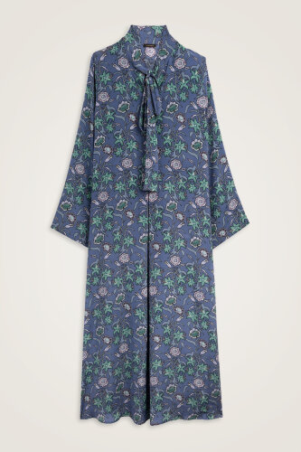 Tiger Blossom Indigo Neck-Tie Twill Silk Dress - 1