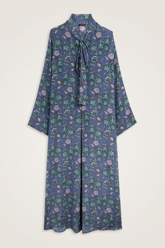 Tiger Blossom Indigo Neck-Tie Twill Silk Dress - 1