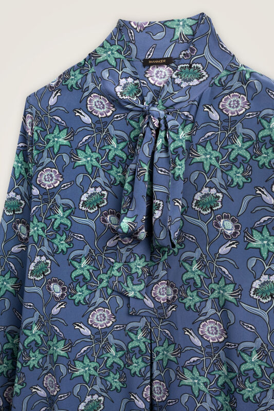 Tiger Blossom Indigo Neck-Tie Twill Silk Dress - 8