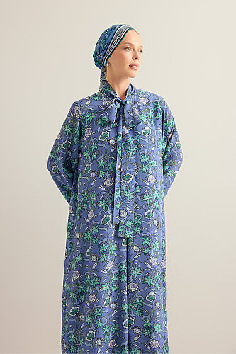 Tiger Blossom Indigo Neck-Tie Twill Silk Dress - 3