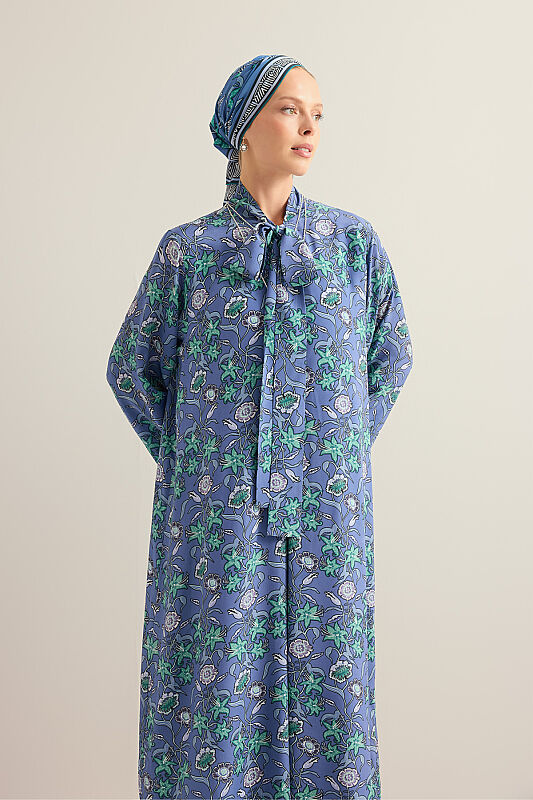 Tiger Blossom Indigo Neck-Tie Twill Silk Dress - 3