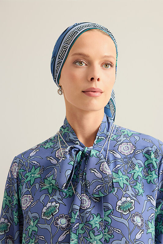 Tiger Blossom Indigo Neck-Tie Twill Silk Dress - 5