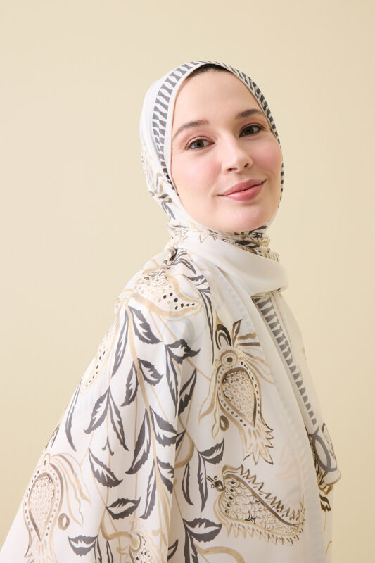 Tulip Era Beige Silk Shawl - 1