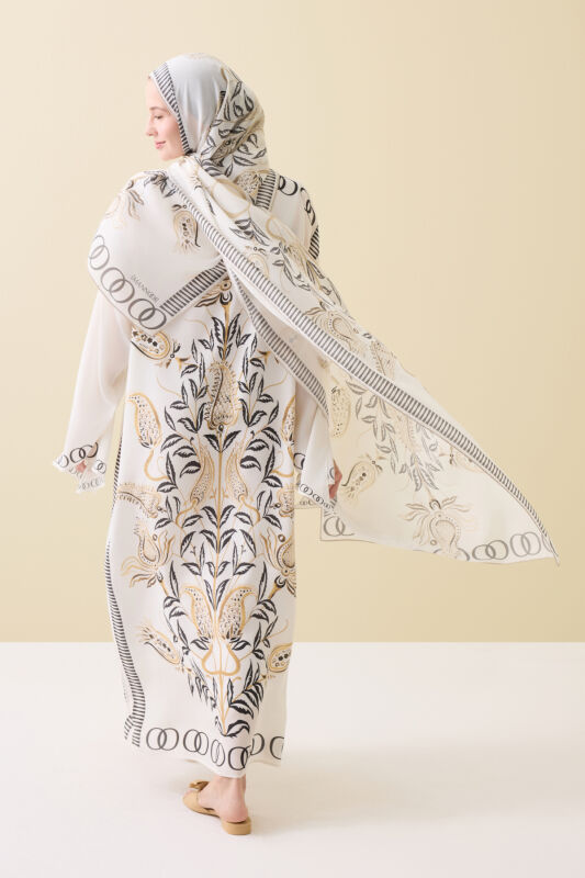 Tulip Era Beige Silk Shawl - 5