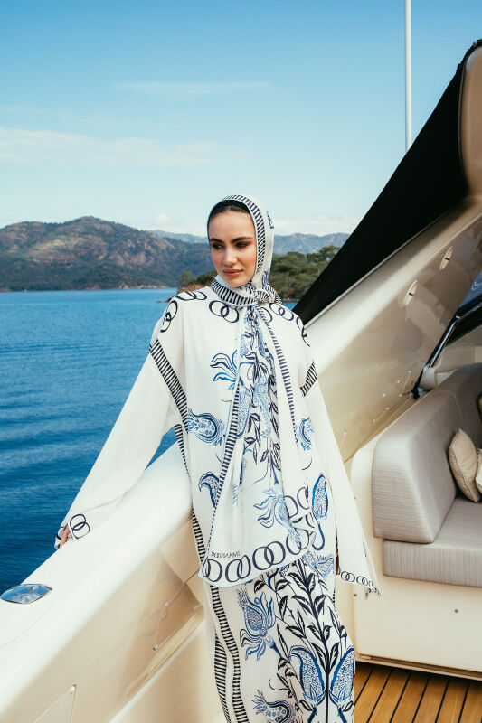 Tulip Era Blue Silk Shawl - 1