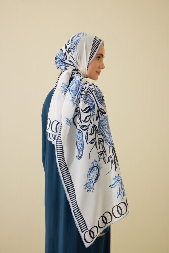 Tulip Era Blue Silk Shawl - 5