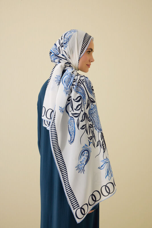 Tulip Era Blue Silk Shawl - 5