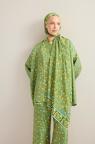Tulip Field Green Crepe Silk Shirt Scarf 