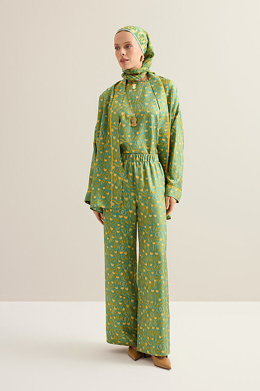 Tulip Field Green Crepe Silk Trousers - 1