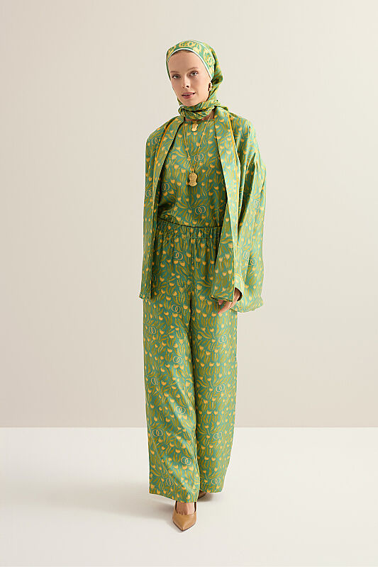 Tulip Field Green Crepe Silk Trousers - 5