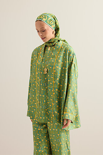 Tulip Field Green Silk Short Kimono - 7