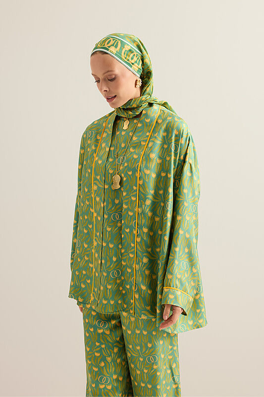 Tulip Field Green Silk Short Kimono - 7