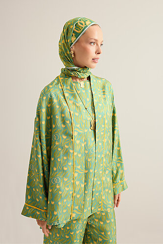 Tulip Field Green Silk Short Kimono - 5