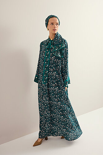 Tulip Field Petrol Neckline Crepe Silk Dress - 1