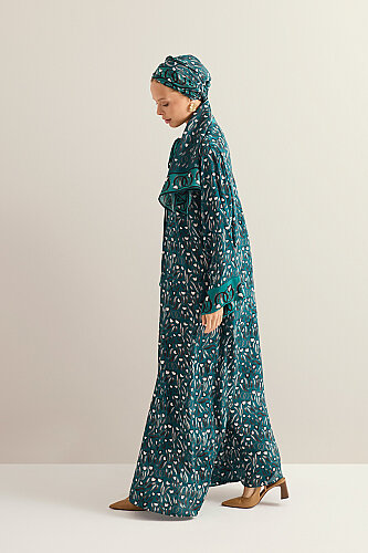 Tulip Field Petrol Neckline Crepe Silk Dress - 5