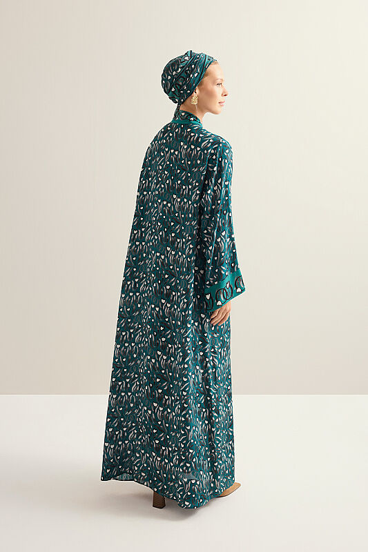 Tulip Field Petrol Neckline Crepe Silk Dress - 7