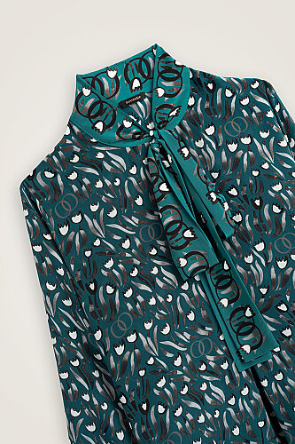 Tulip Field Petrol Neckline Twill Silk Dress - 2