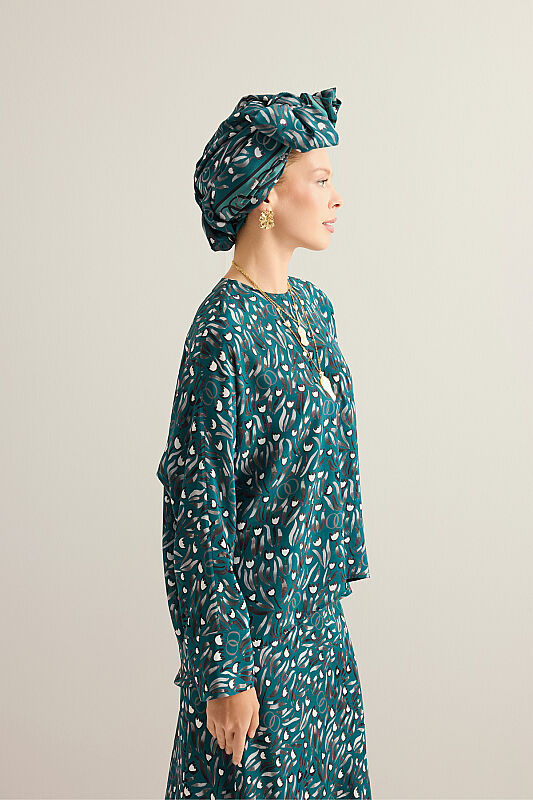 Tulip Field Petrol Silk Sleeved Blouse - 7