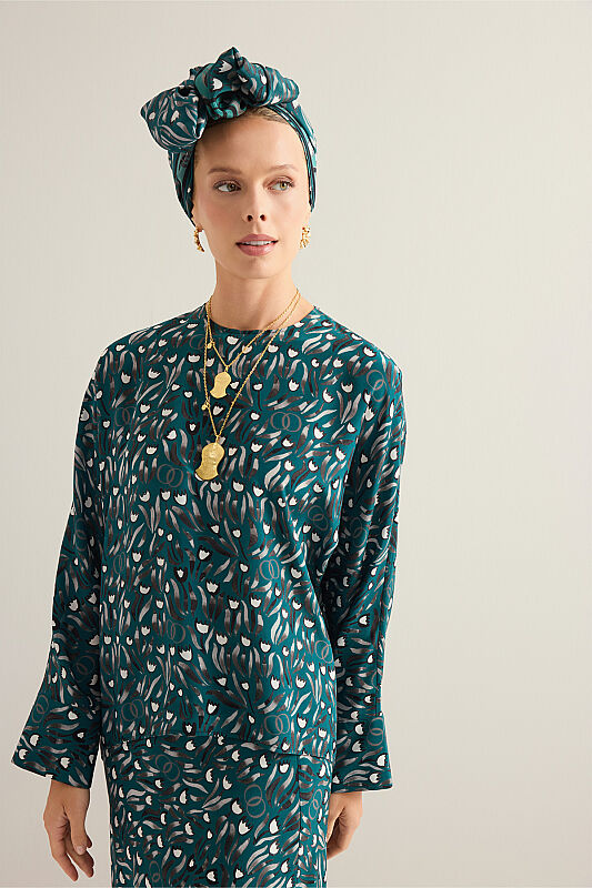 Tulip Field Petrol Silk Sleeved Blouse - 1