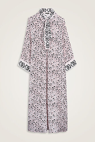 Tulip Field Powder Pink Lace-Up Twill Silk Dress, Fur, Black-Brown Clutch Bag - 1