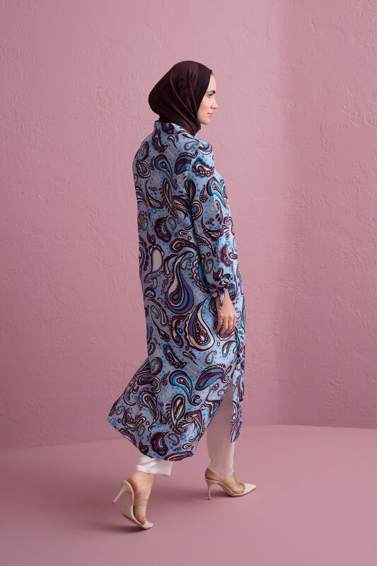 Turquoise Silk Twill Shirt Dress with Cashmere Sleeve Detail - 6