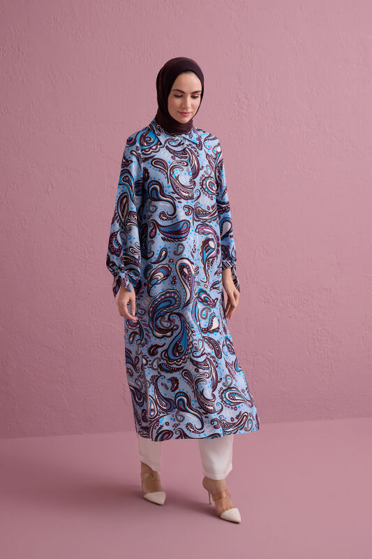 Turquoise Silk Twill Shirt Dress with Cashmere Sleeve Detail - 5