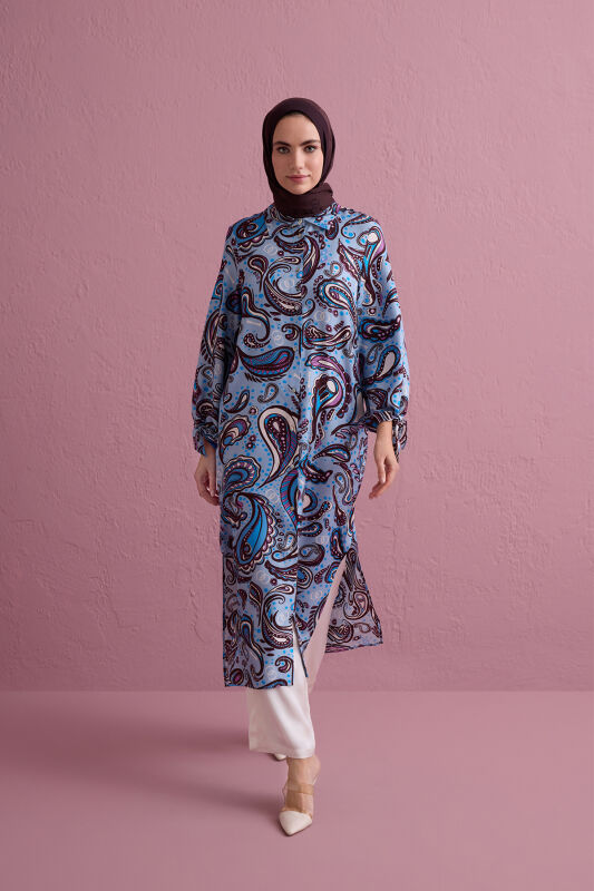 Turquoise Silk Twill Shirt Dress with Cashmere Sleeve Detail - 1