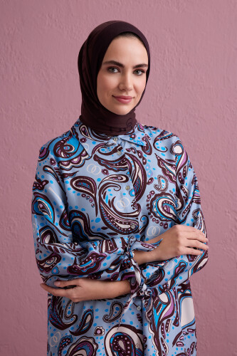 Turquoise Silk Twill Shirt Dress with Cashmere Sleeve Detail - 3